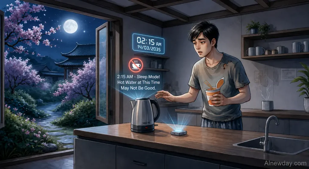 A young man in a futuristic kitchen at 2:15 AM tries to make instant noodles while an AI home assistant warns him against using hot water late at night, with a moonlit garden visible outside.