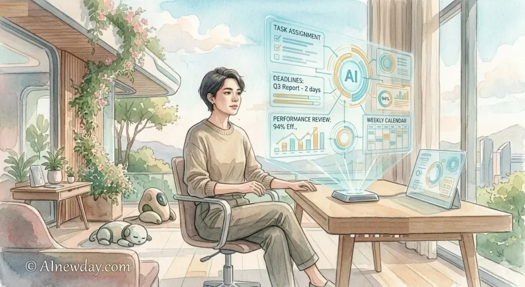 A professional working in the office of the future with an AI holographic manager displaying tasks and deadlines, watercolor style for AInewday.com