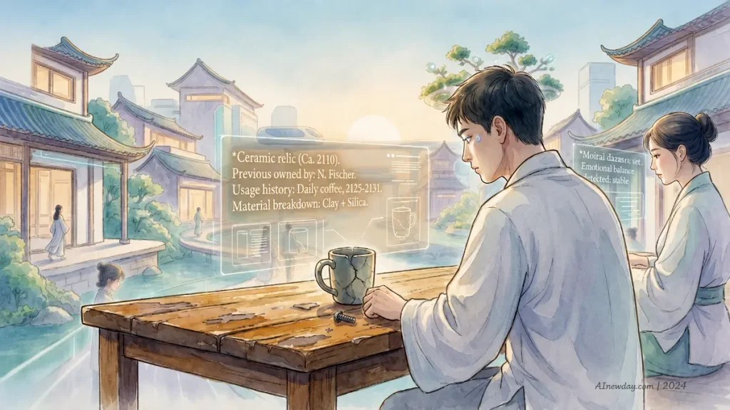 A speculative journalism watercolor illustration of a man in 2240 wearing OmniSight lenses, viewing persistent historical metadata floating over an old wooden table and ceramic relic, with a futuristic Asian-inspired smart city in the background.