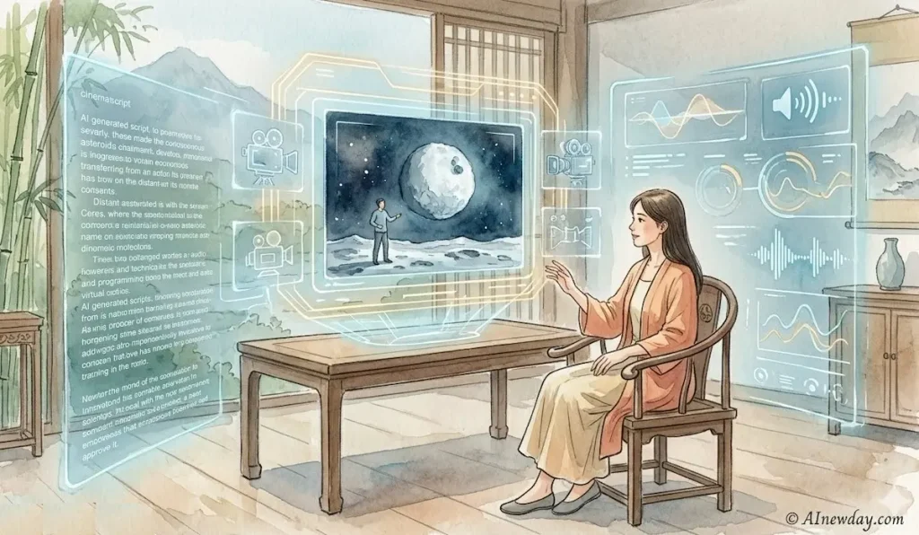 A woman experiences a personalized AI-rendered movie through holographic interfaces in a watercolor art style, representing the future of storytelling on AInewday.com.