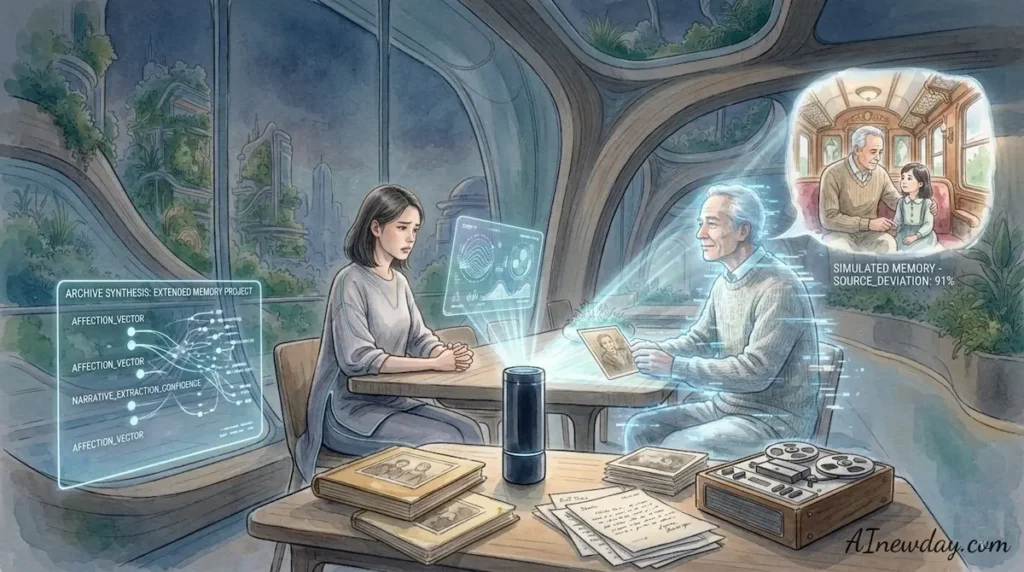 A reflective watercolor illustration of a young woman looking distressed at a holographic reconstruction of her late grandfather generated by a smart speaker device, surrounded by old family letters, photos, and digital neural data screens displaying archive synthesis metrics.