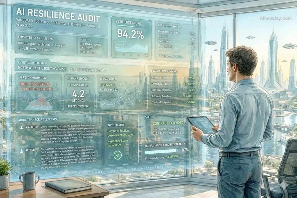 A watercolor painting of a futuristic office where a male architect undergoes a continuous AI resilience audit with biometric data displayed on a transparent holographic screen.