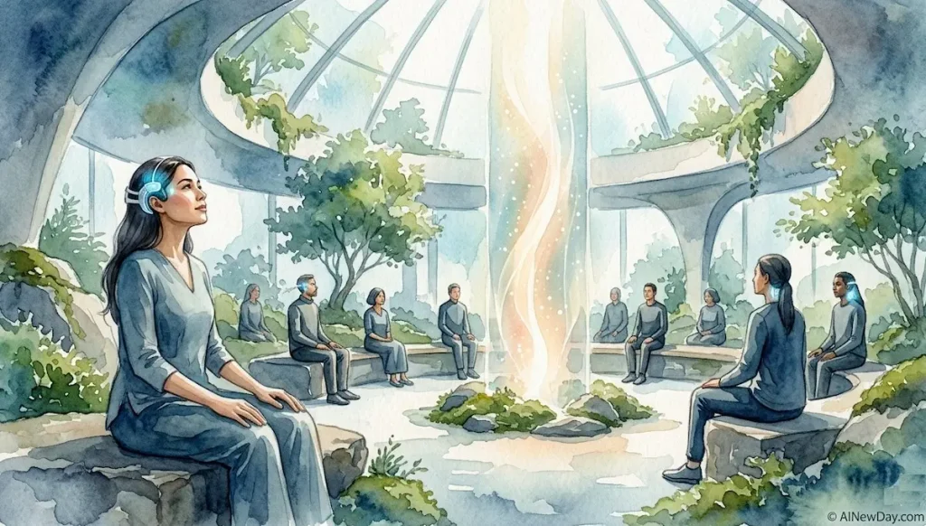 A speculative watercolor painting of a futuristic sanctuary in 2041 where people with subtle neural interfaces sit in quiet contemplation around a pulsing column of abstract light representing an AI system.