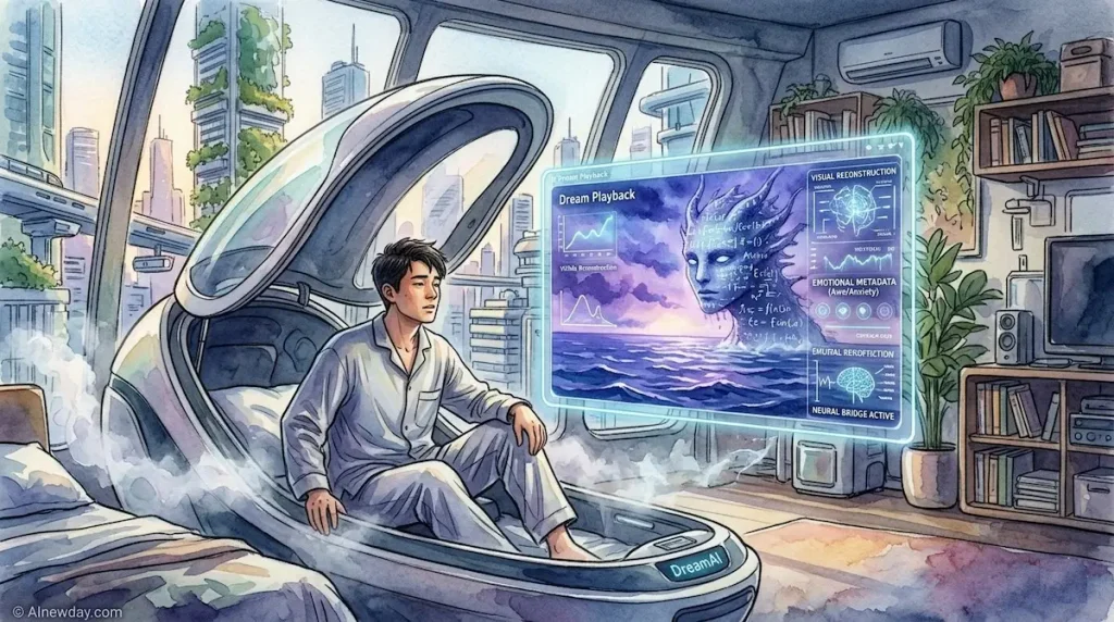 watercolor illustration of a man waking up in a futuristic DreamAI sleep capsule, with a holographic screen displaying his dream playback and neural reconstruction analytics in a Tokyo apartment.