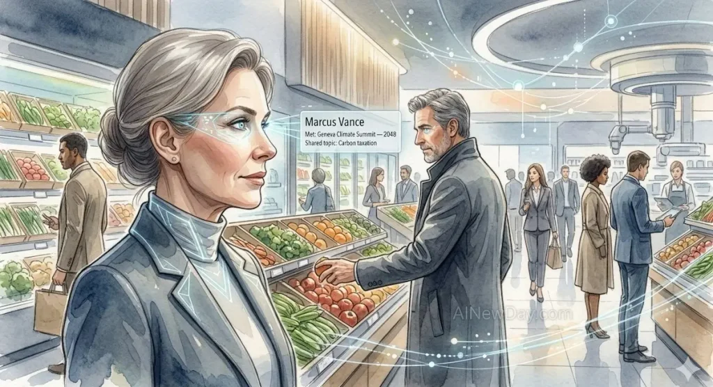 A speculative journalism watercolor illustration of an elderly woman in 2070 using AI contact lenses to retrieve memories of an acquaintance in a grocery market, with a subtle digital data overlay displaying name and meeting details.