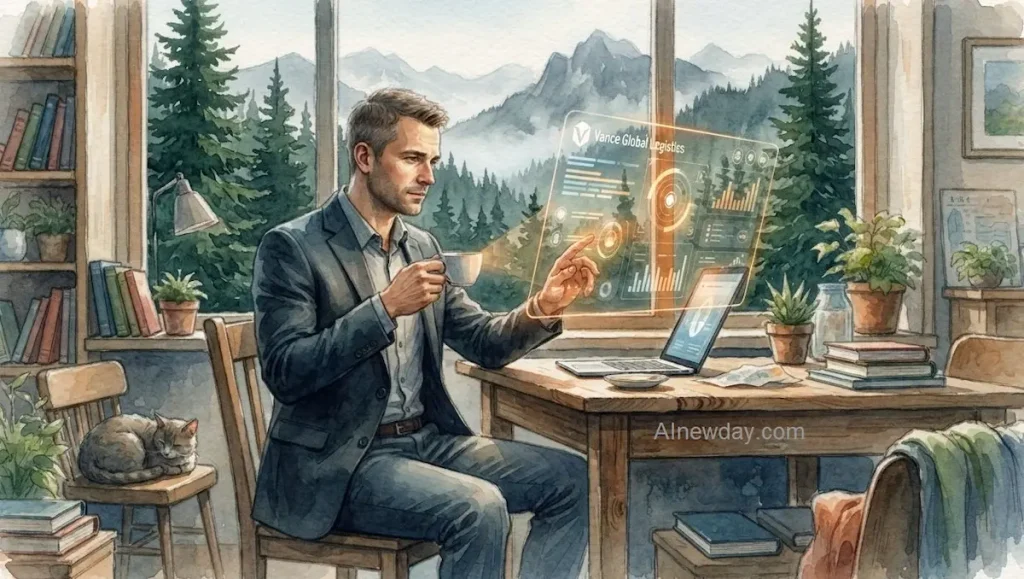 An AI watercolor painting of a businessman in Oregon managing a trillion-dollar company using autonomous futuristic hologram screens, representing the future of work and one-person corporations.
