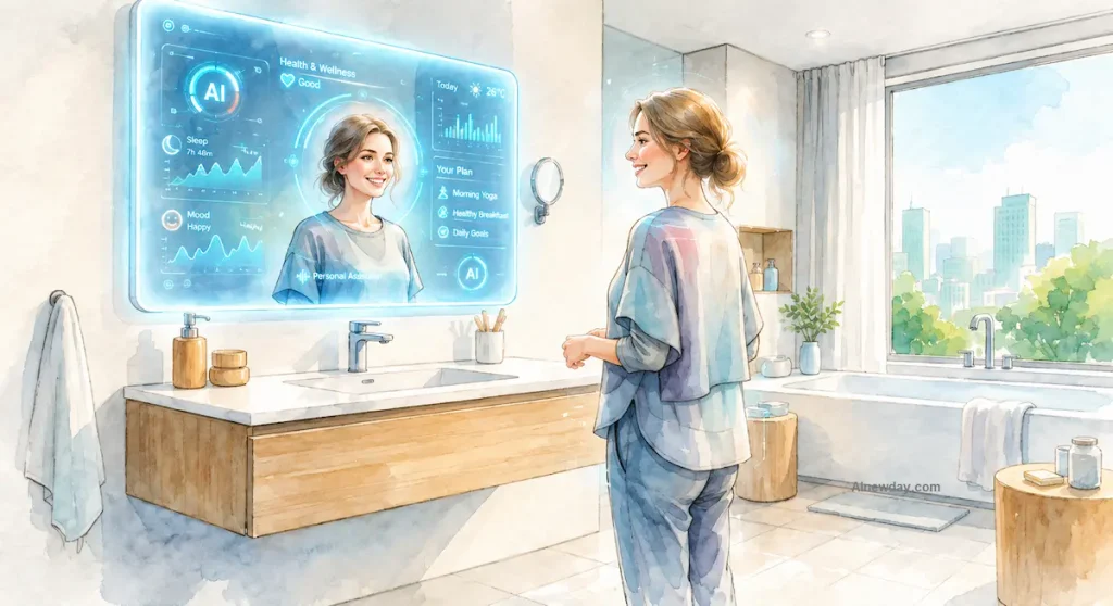 A watercolor illustration of a modern bathroom where a European woman looks into a smart mirror displaying real-time AI biometric data and health charts.