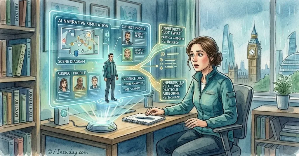 A watercolor illustration of a female author looking surprised as her AI narrative simulation engine independently generates an unpredicted detective plot twist on a glowing hologram screen.