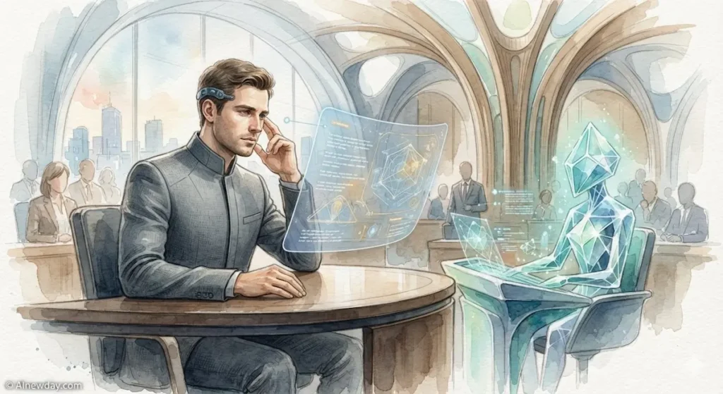 An image of a European defense lawyer with a futuristic look, wearing a neural device on their temple and analyzing holographic legal data in a courtroom setting; copyright AInewday.com.