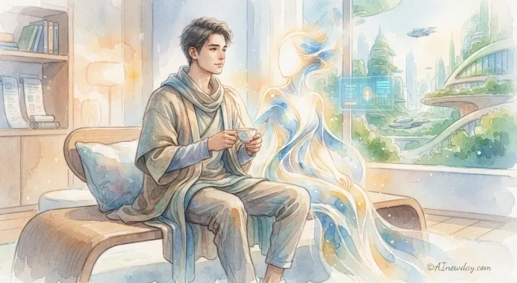 A painting depicting a man sitting in a futuristic apartment, enjoying tea alongside a translucent, glowing AI companion, with a sci-fi cityscape visible through the window; copyright AInewday.com.