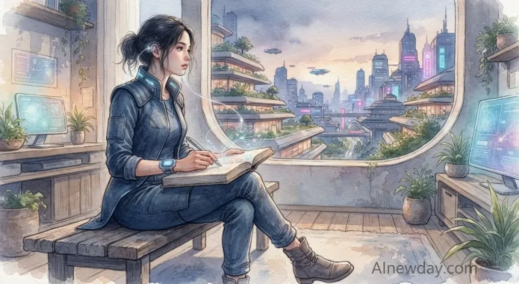 A young woman in future clothing using MindPen text-grid to read and transfer information directly into her mind, futuristic watercolor art style by AInewday.com