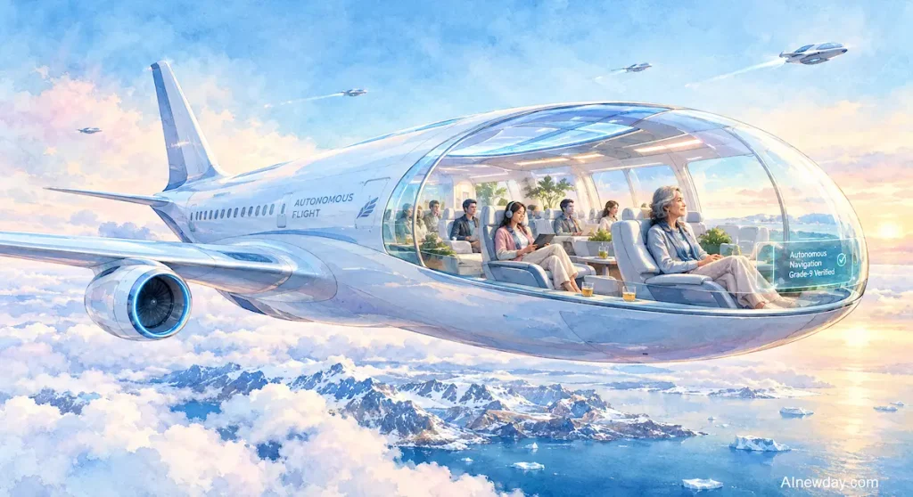 A large autonomous passenger aircraft flying above the clouds and ocean; the nose is designed as a transparent observation deck replacing the traditional cockpit (set in 2075) for AInewday.com.